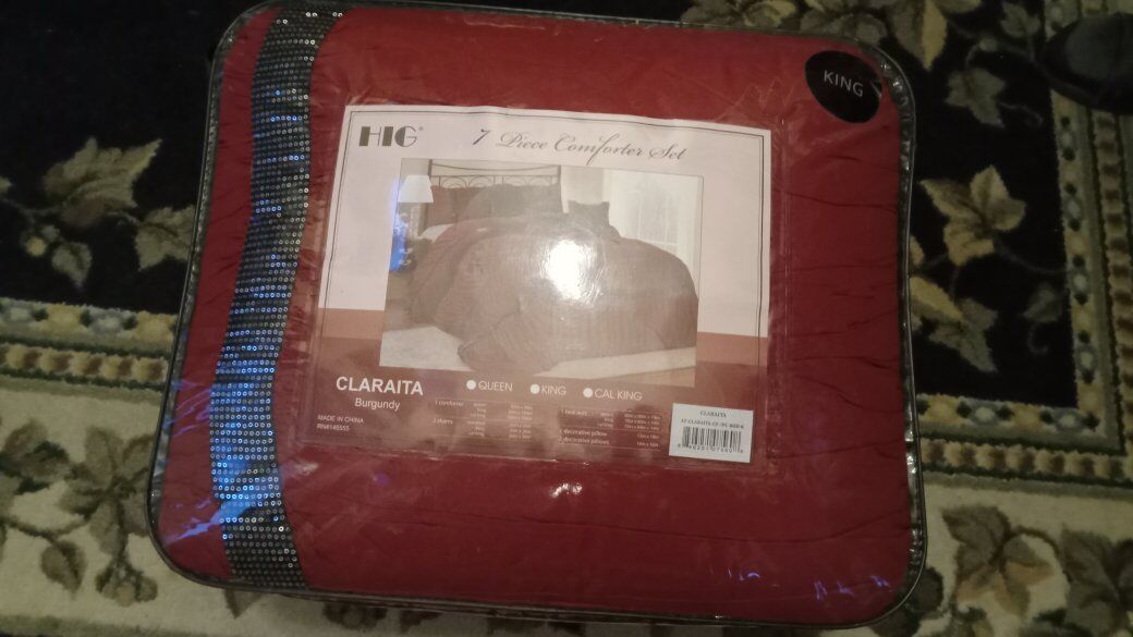 Hig King Bed Comforter Set Royal Burgundy Red Blanket Skirt Pillows 7 Pcs