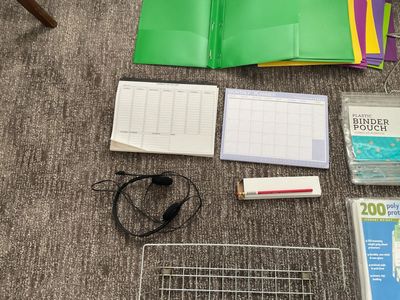 Assorted Office Supplies: Binders, Planners, Sheet Protectors, Headset, Organizer
