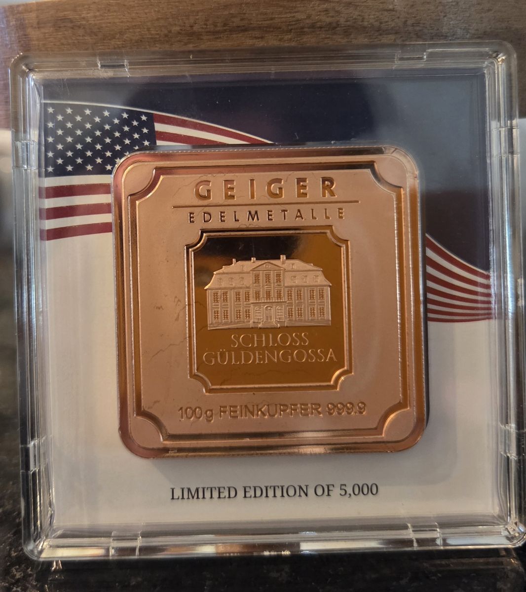 Geiger Edelmetalle 100g Copper Square Bar .999 Fine US Flag Assay LE 5000 Rare