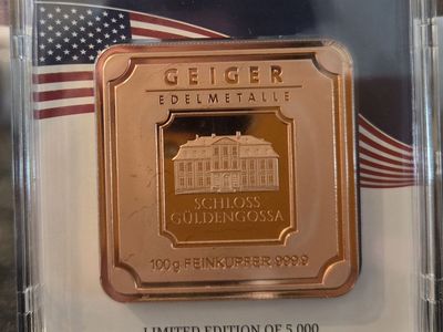 Geiger Edelmetalle 100g Copper Square Bar .999 Fine US Flag Assay LE 5000 Rare