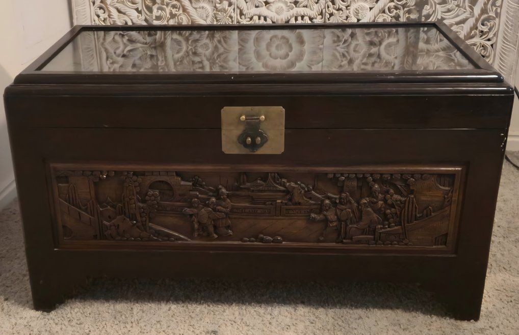 Vintage Chinese Carved Wood Camphor Chest /Trunk with Glass Top