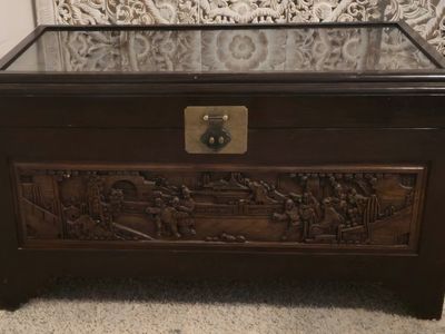 Vintage Chinese Carved Wood Camphor Chest /Trunk with Glass Top
