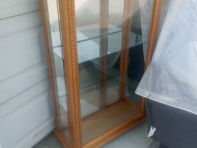 Wooden Display Cabinet with Glass Shelves and Carved Details - good Condition