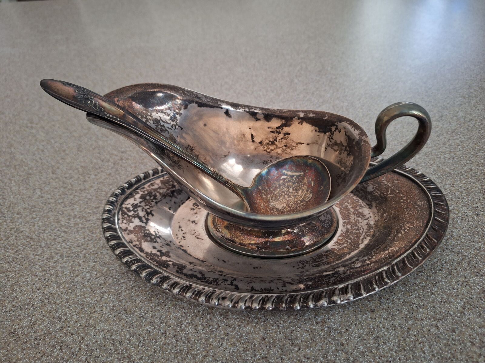 Vintage Fina Silver Plate Gravy Boat, Tray & Ladel