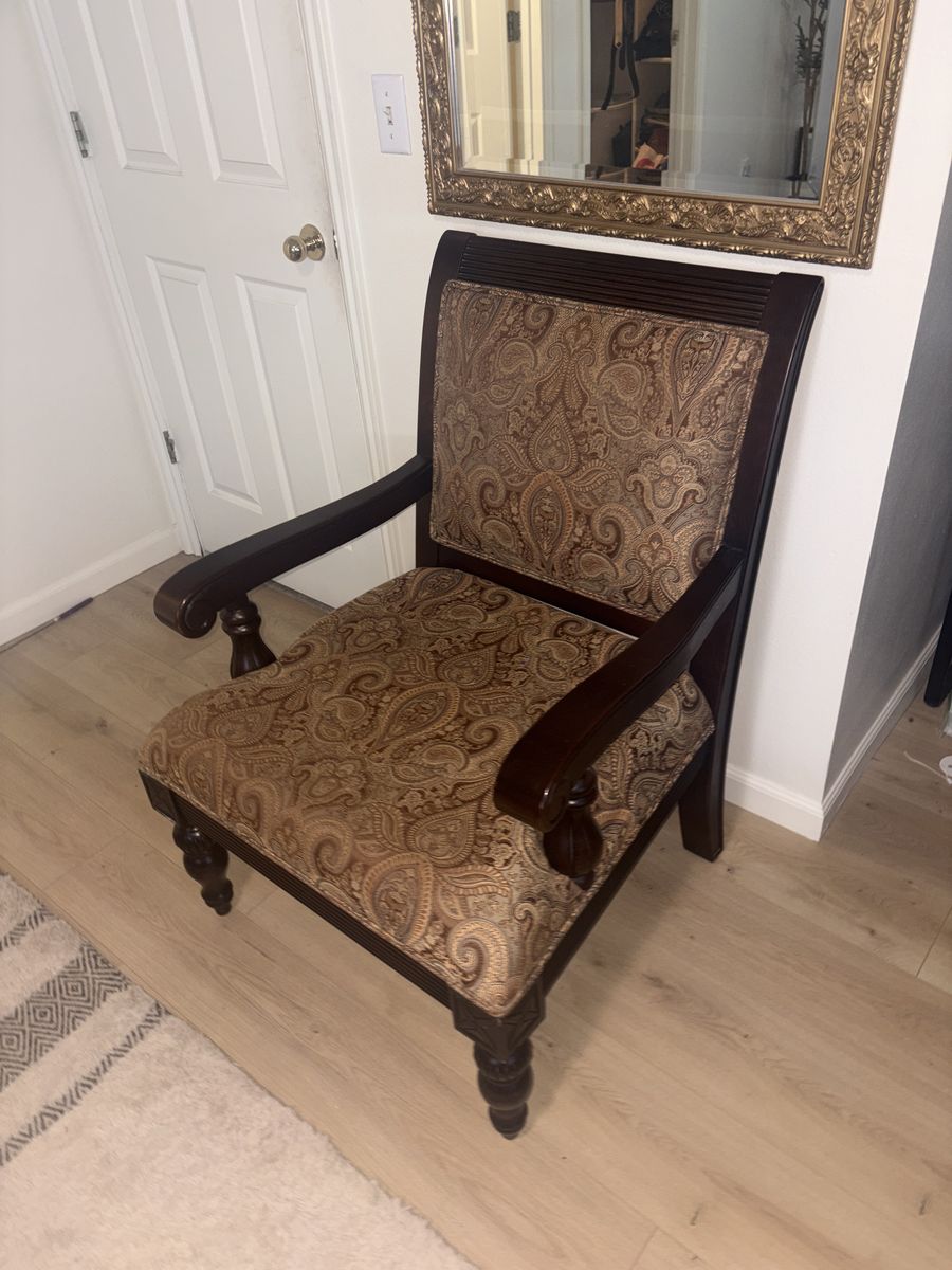 DELIVERY - Elegant Wood Armchair with Paisley Upholstery - Dark Cherry Finish Accent Chair