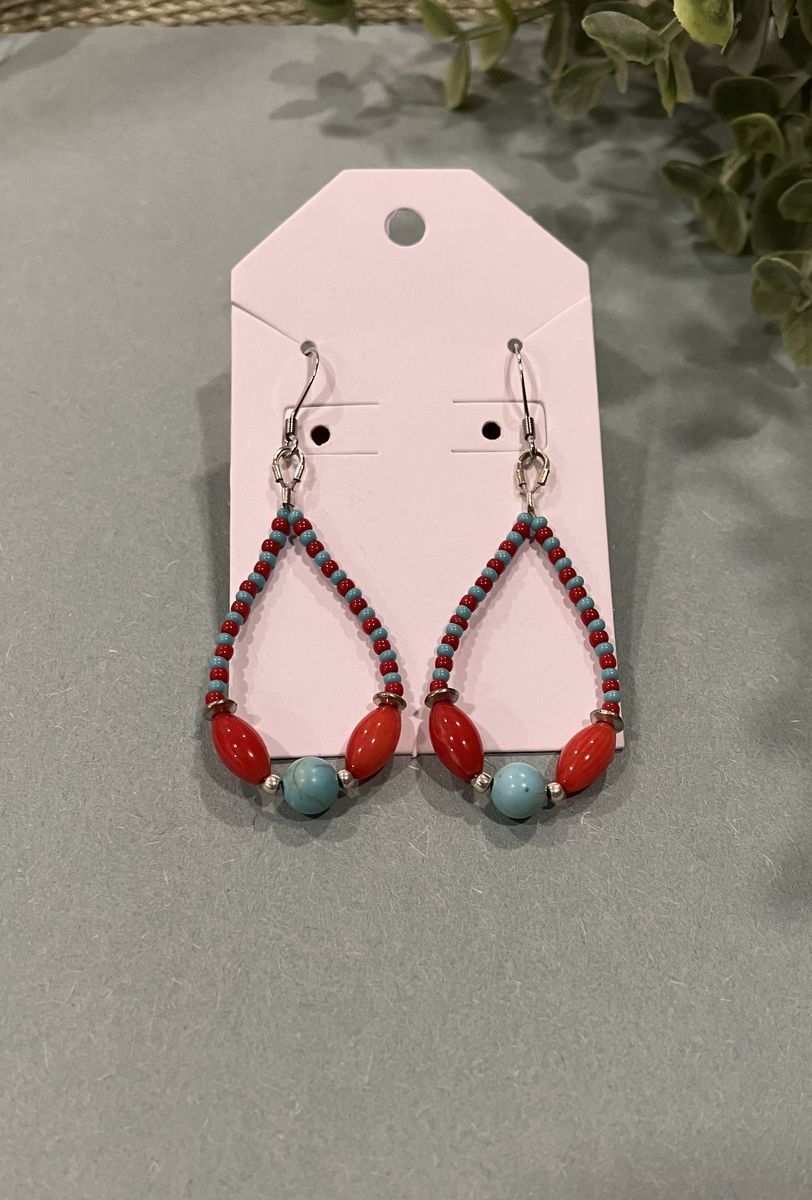 Turquoise & Coral Colored Teardrop Beaded Earrings