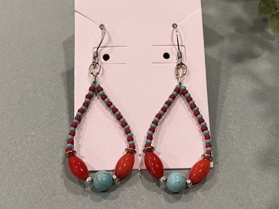 Turquoise & Coral Colored Teardrop Beaded Earrings