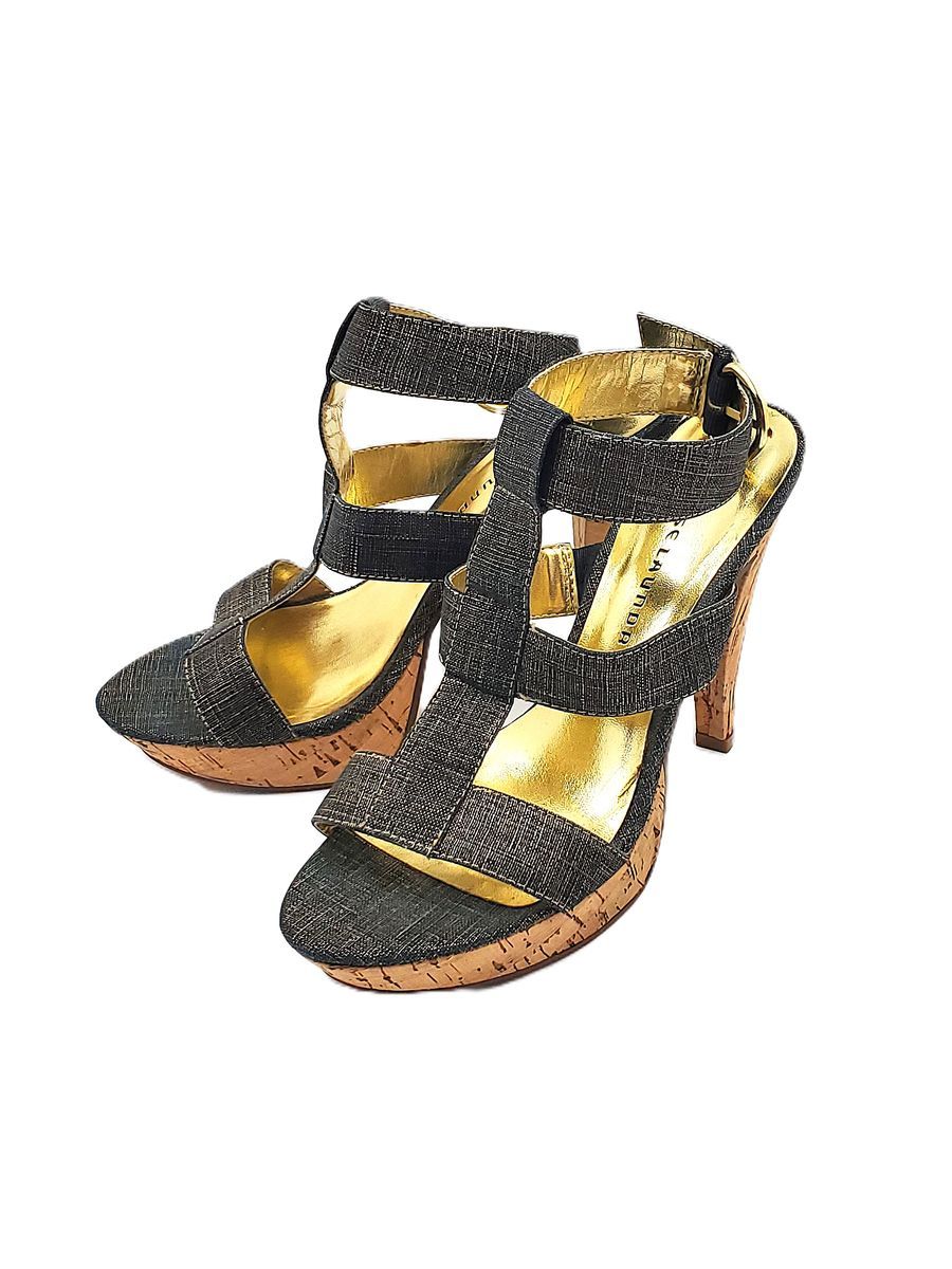 “Chinese Laundry” Gray & Gold T-Strap Cork Platform Sandals – 4 ½ Inch – Size 8M