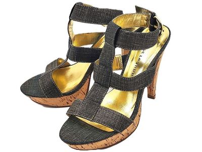 “Chinese Laundry” Gray & Gold T-Strap Cork Platform Sandals – 4 ½ Inch – Size 8M