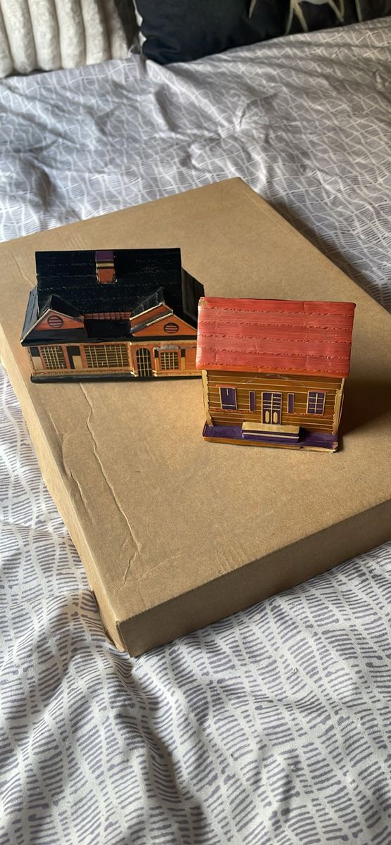 Vintage Dollhouse Miniatures - Wooden Houses Set of 2, Hand-Painted Collectibles