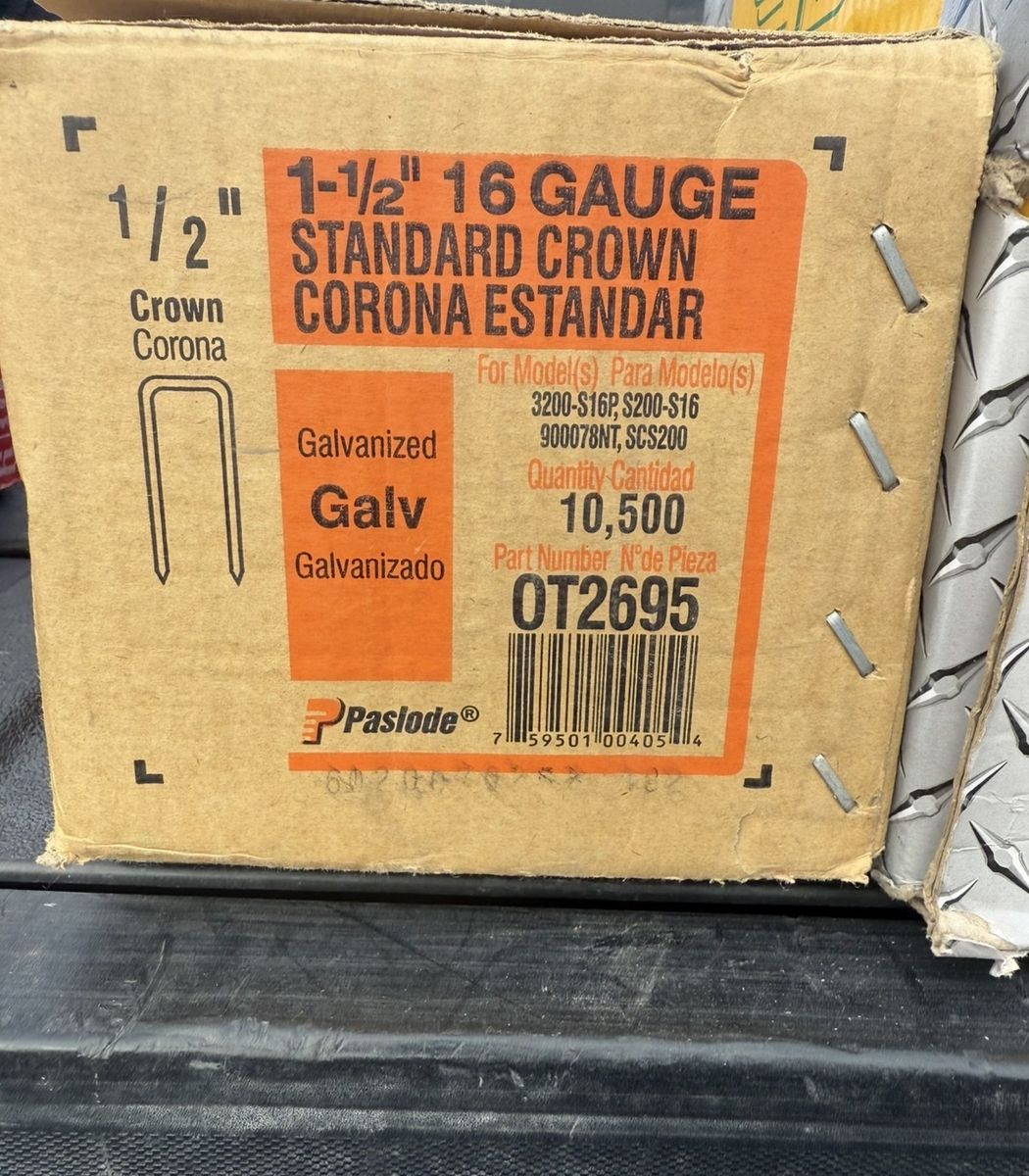 Qty 6. Boxes left Paslode OT2695 1-1/2" 16 Gauge 1/2" Crown Galvanized Standard Corona Staples, 10,500 Count