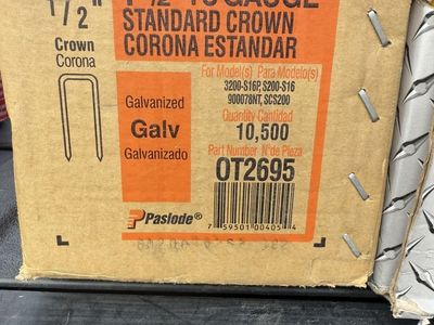 Qty 6. Boxes left Paslode OT2695 1-1/2" 16 Gauge 1/2" Crown Galvanized Standard Corona Staples, 10,500 Count