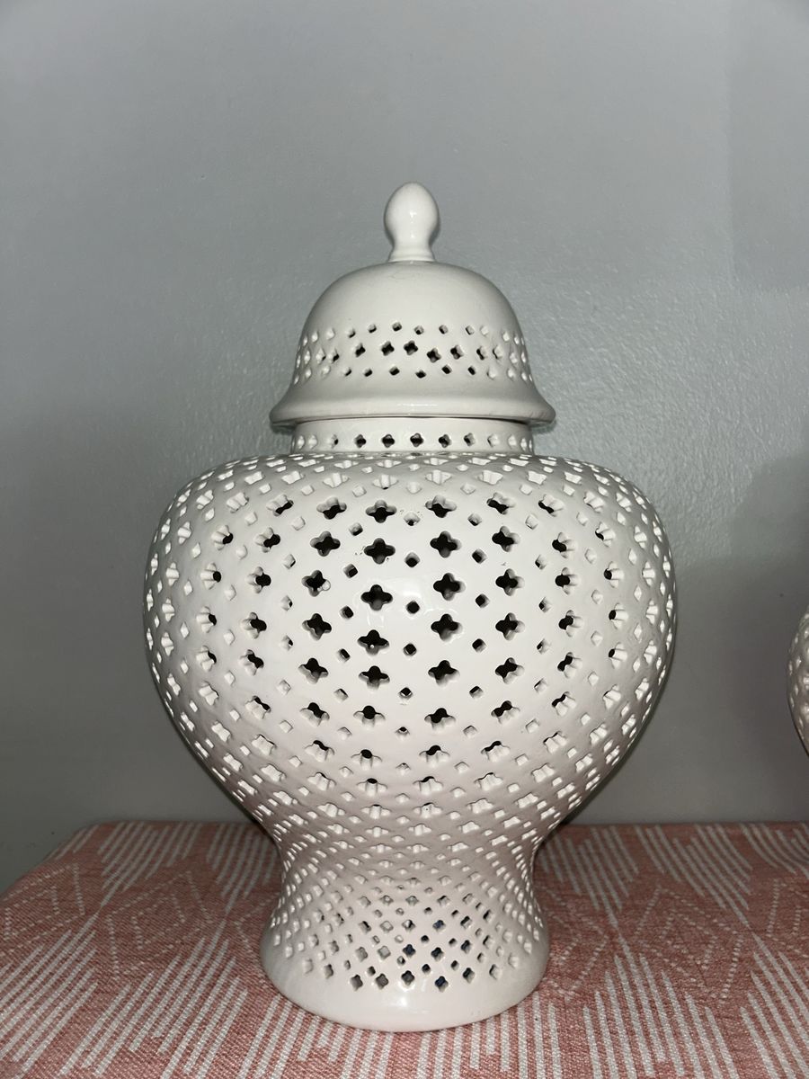 Set of 3 Handmade White Lattice Ginger Decorative Jars with Lids - Large, Medium & Small