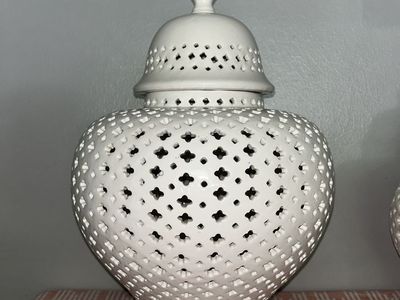 Set of 3 Handmade White Lattice Ginger Decorative Jars with Lids - Large, Medium & Small