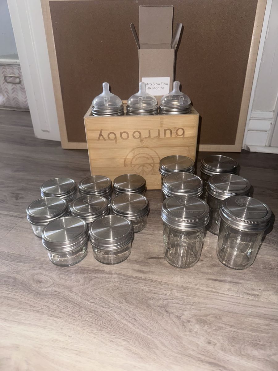 Burrbaby Glass Baby Bottles and Storage Jars Set with Wooden Caddy
