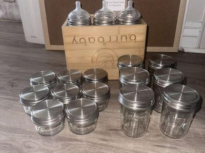 Burrbaby Glass Baby Bottles and Storage Jars Set with Wooden Caddy