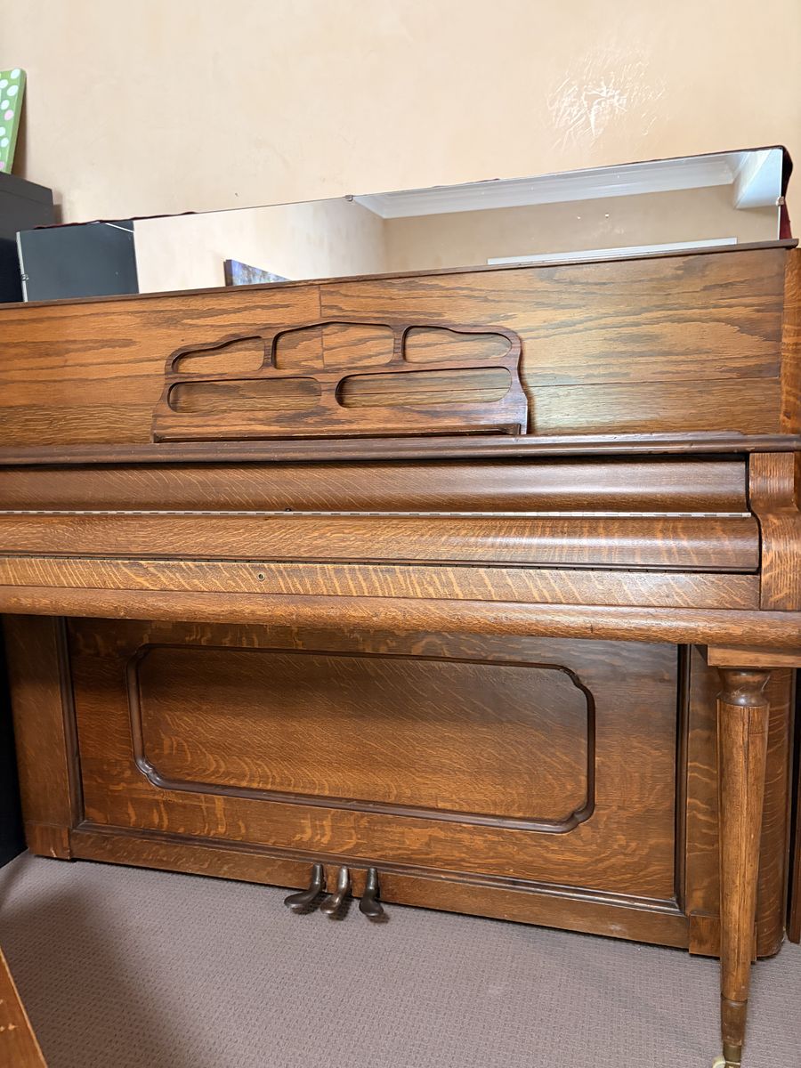 Antique Quarter-Sawn Oak Upright Piano w/ Ivory Keys & Bench