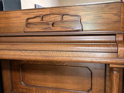 Antique Quarter-Sawn Oak Upright Piano w/ Ivory Keys & Bench