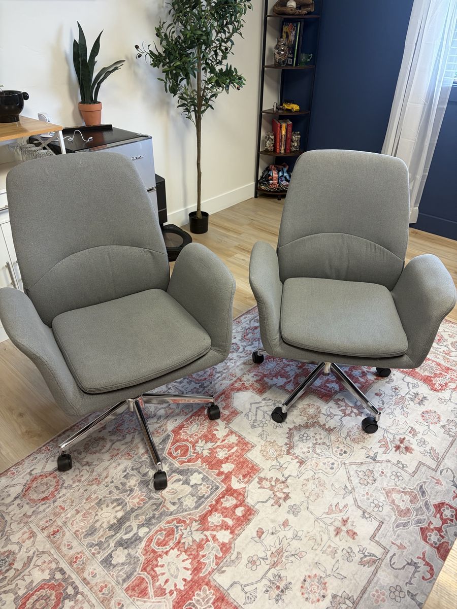 Pair of Gray Upholstered Swivel Office Armchairs with Chrome Rolling Bases