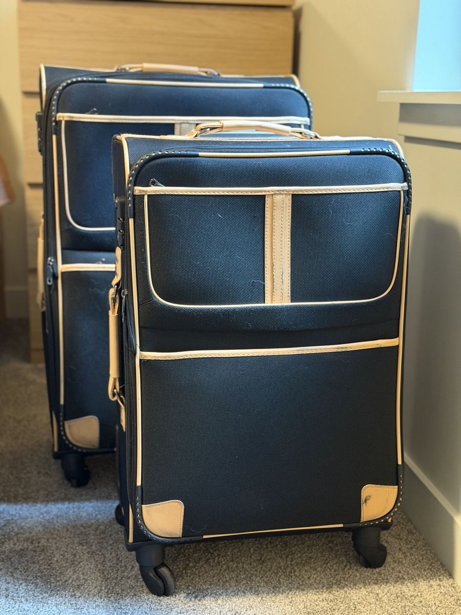 2-Piece Expandable Luggage Set - Black Fabric & Tan Accents, 4-Wheel Spinner, Great Condition