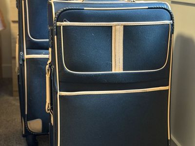 2-Piece Expandable Luggage Set - Black Fabric & Tan Accents, 4-Wheel Spinner, Great Condition