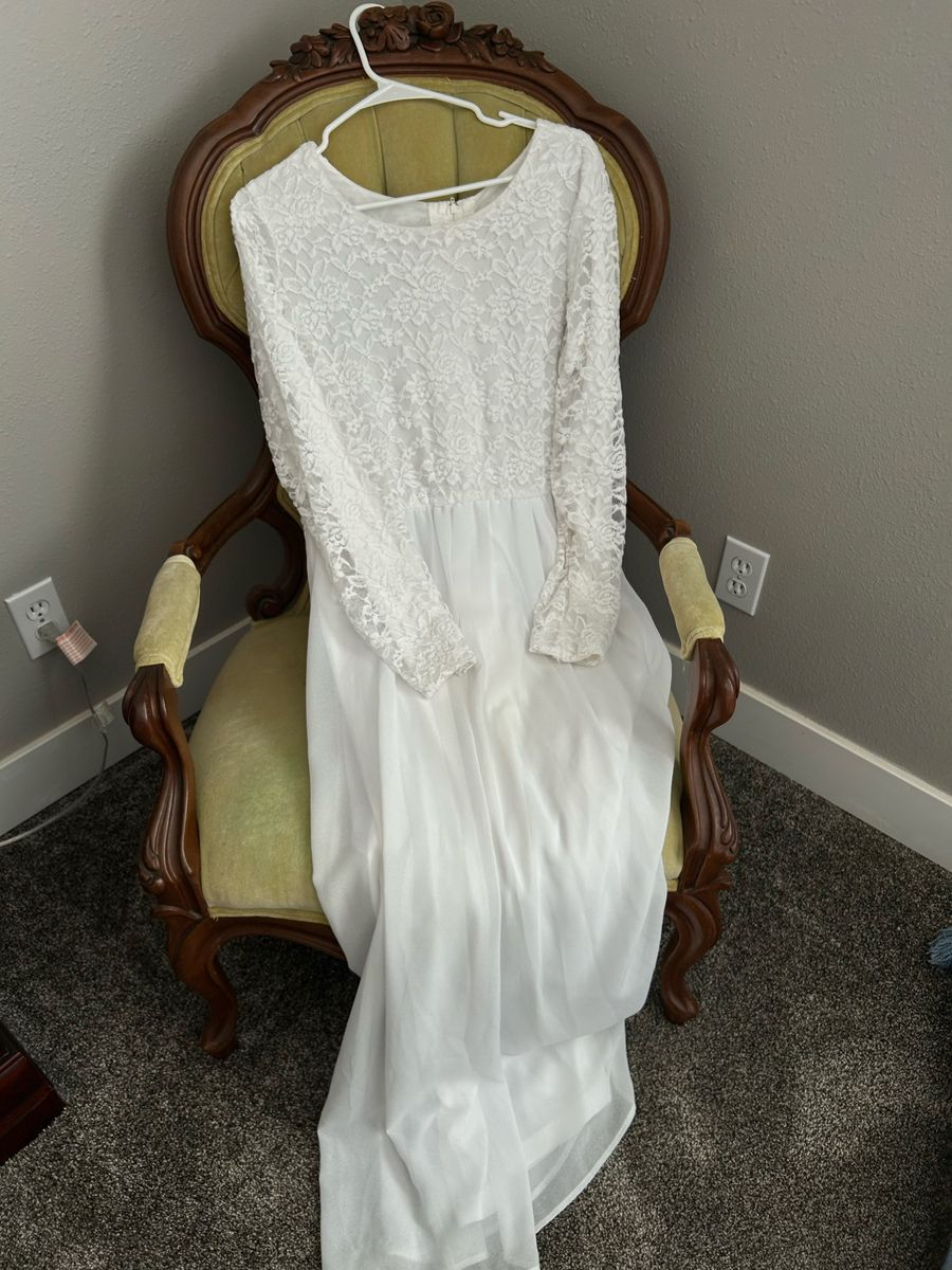 White Lace bodiceLong Sleeve Formal Dress - Modest Prom/Wedding/Bridesmaid Gown, Temple