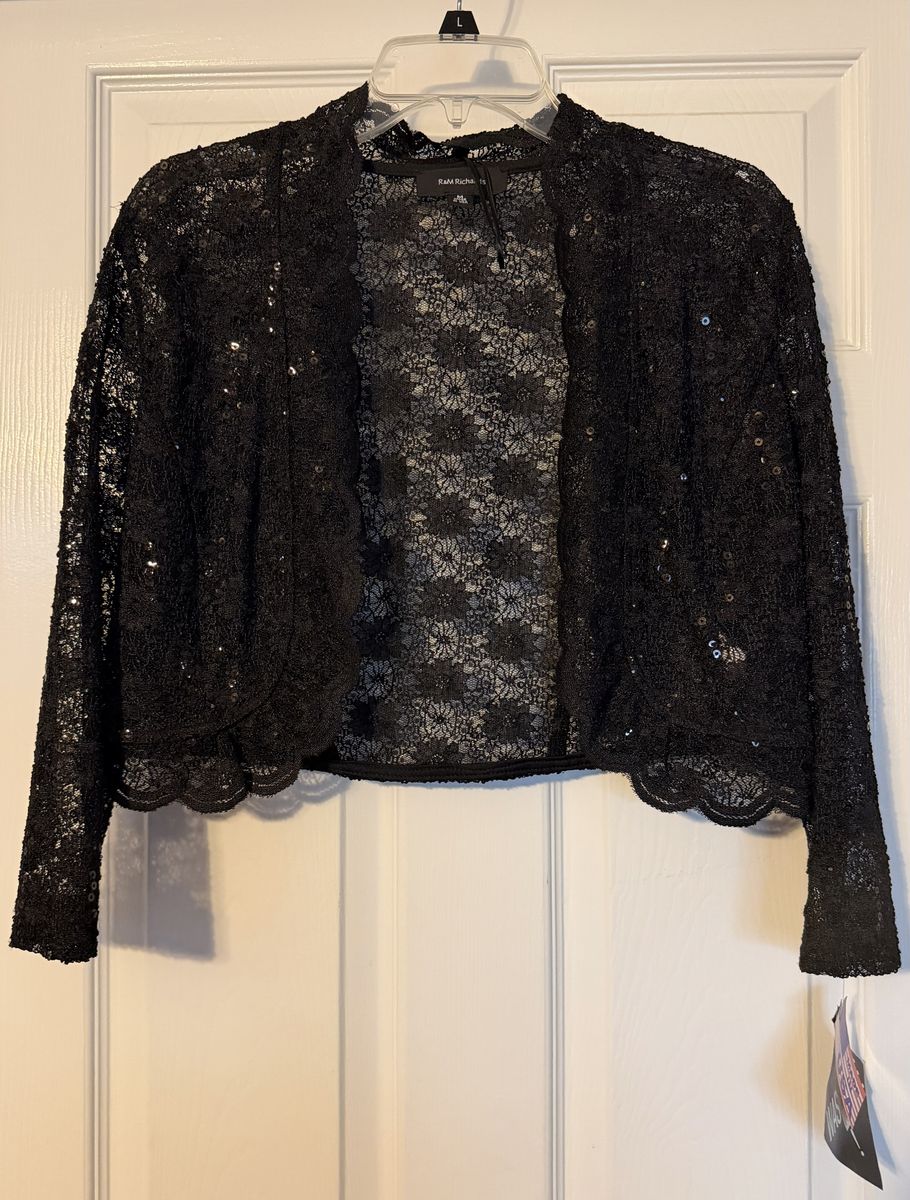 R&M Richards Women's Black Lace Sequin Bolero Jacket, Size M, Made in USA