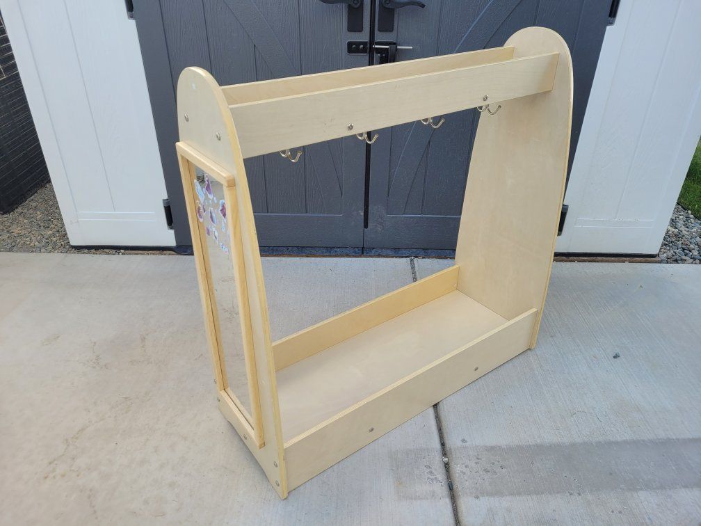 Kaplan Wooden Kids Dress Up Clothes Storage Rack with Mirror and Hooks - Perfect for Pretend Play