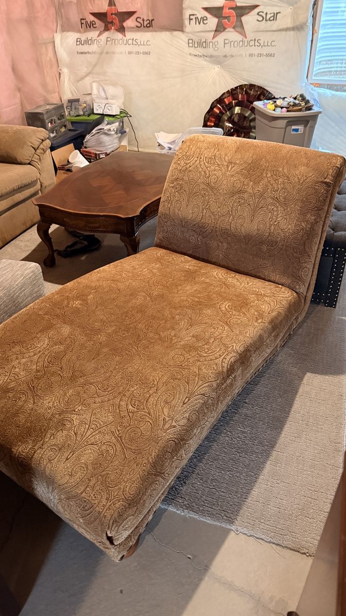 Brown Paisley Chaise Lounge with Nailhead Trim & Wood Legs - Used Furniture