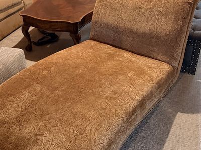 Brown Paisley Chaise Lounge with Nailhead Trim & Wood Legs - Used Furniture