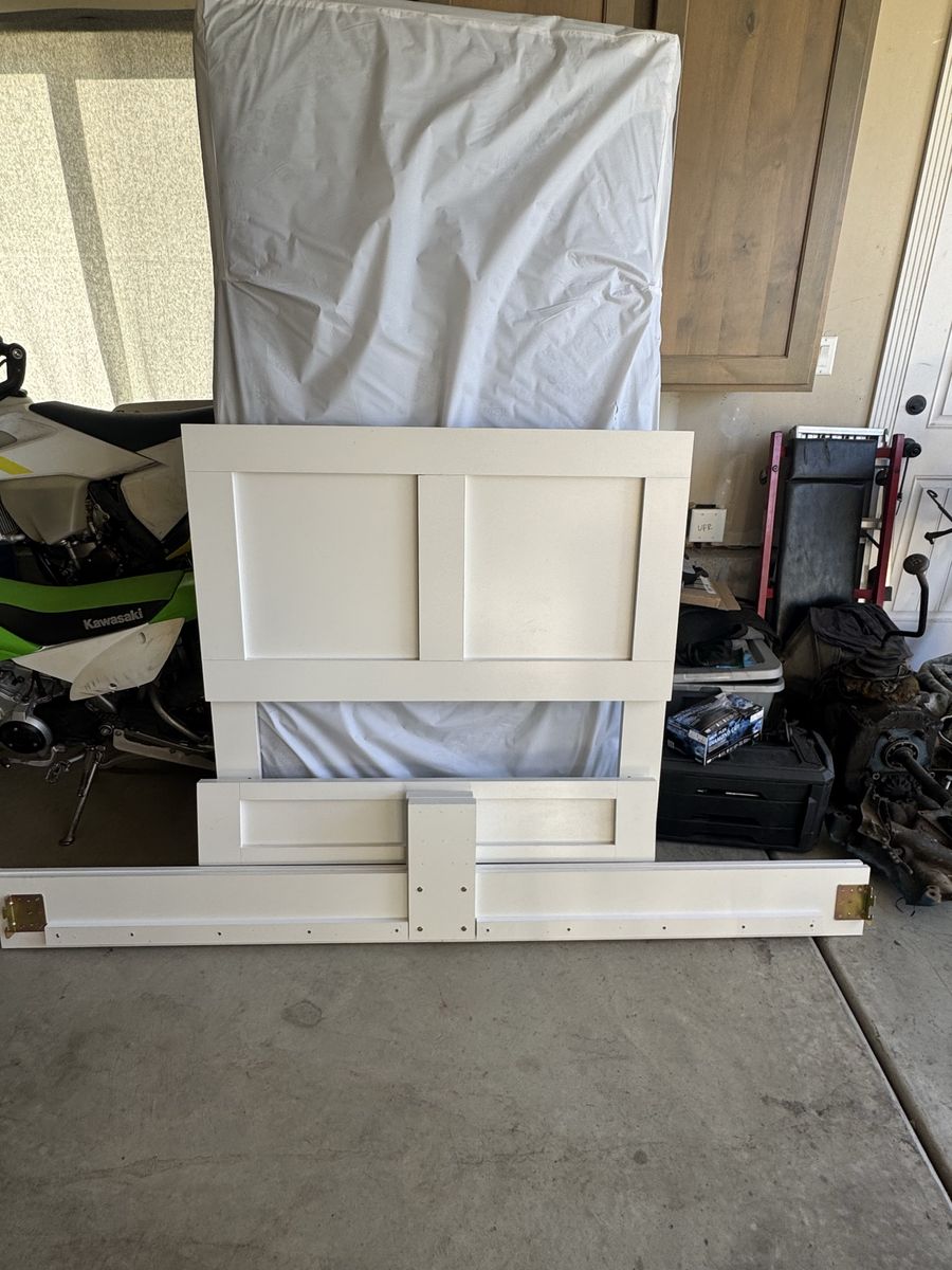 White Wooden Bed Frame with Headboard and mattress. 