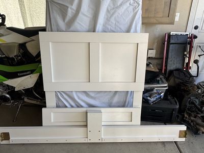 White Wooden Bed Frame with Headboard and mattress.