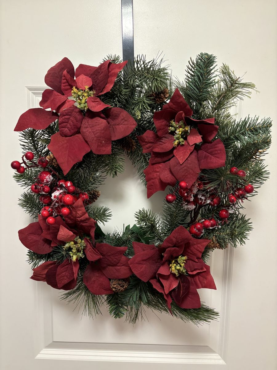 Festive Christmas Holiday Wreath with Poinsettias and Berries - Artificial Pine Wreath Decor