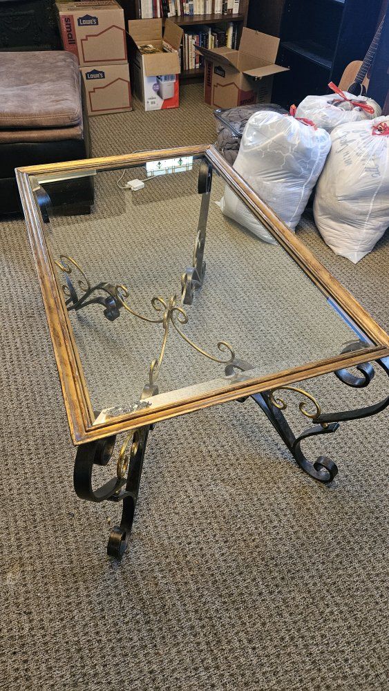 Ornate Wrought Iron & Glass Coffee Table - Gold & Black Scrollwork Design