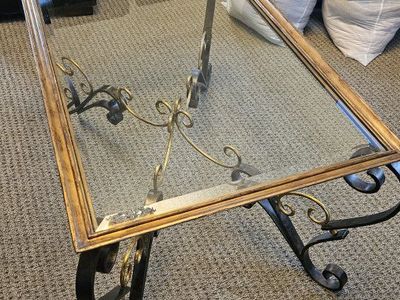 Ornate Wrought Iron & Glass Coffee Table - Gold & Black Scrollwork Design