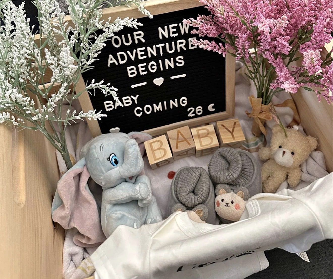 Baby announcement box comes with everything shown