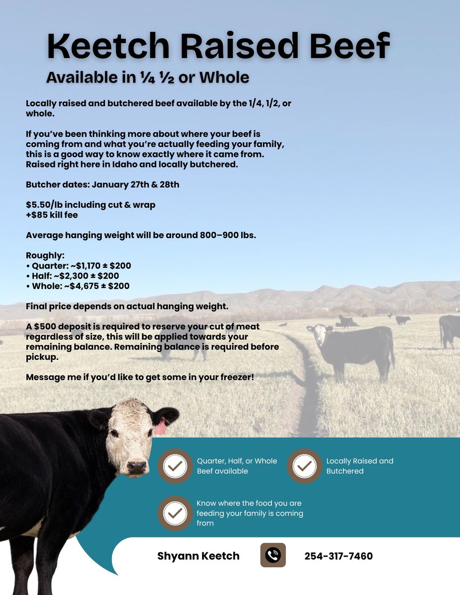 1/4, 1/2, or whole beef available