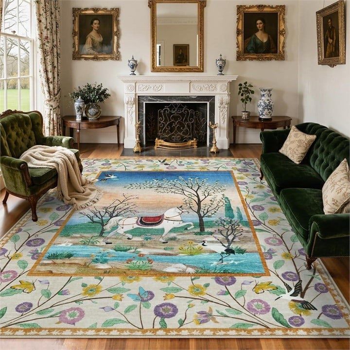 NEW 8' x 10' Area Rug – Vintage Botanical & Horse Scene Design
