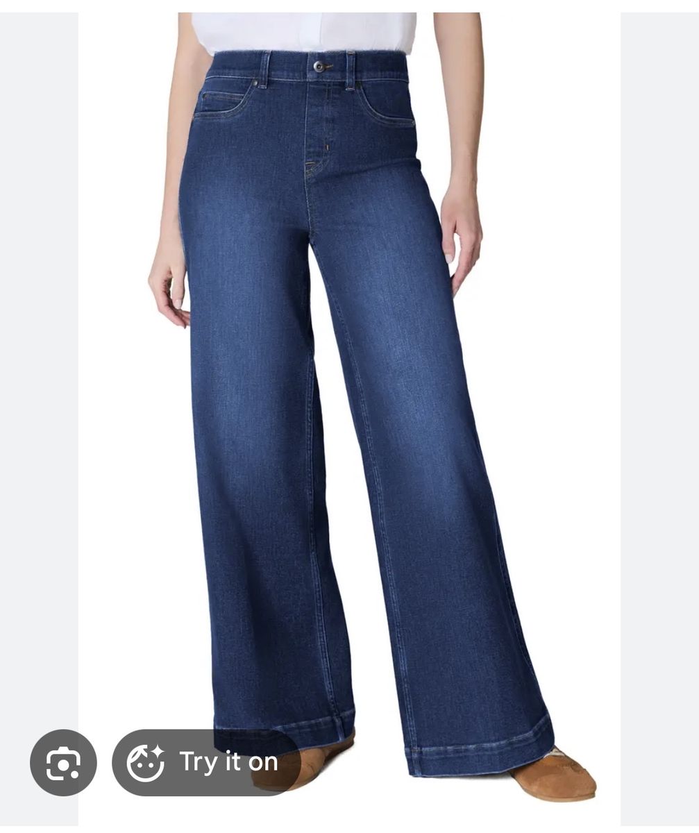Spanx Women's Dark Wash Wide Leg Denim Jeans Large Petite