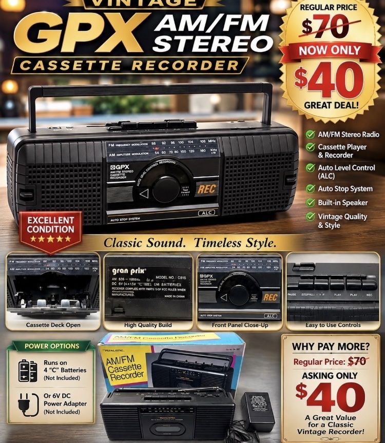 Vintage GPX Portable AM/FM Stereo Cassette Recorder Boombox Black