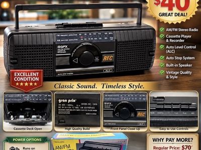 Vintage GPX Portable AM/FM Stereo Cassette Recorder Boombox Black