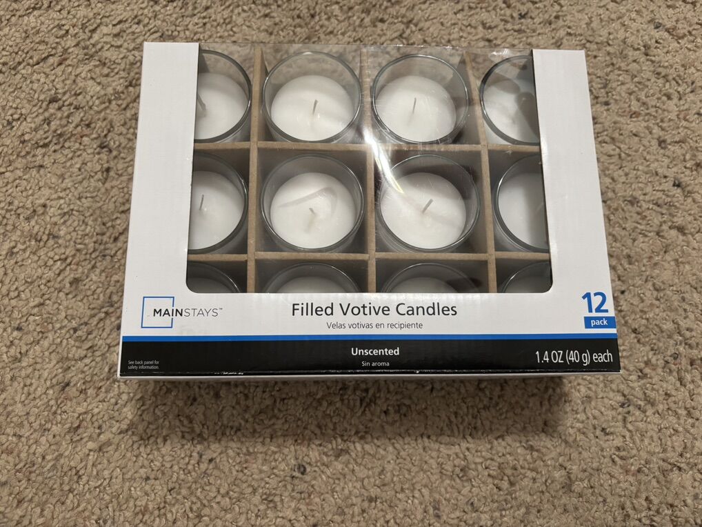 12-Pack Unscented Filled Votive Glass Candles