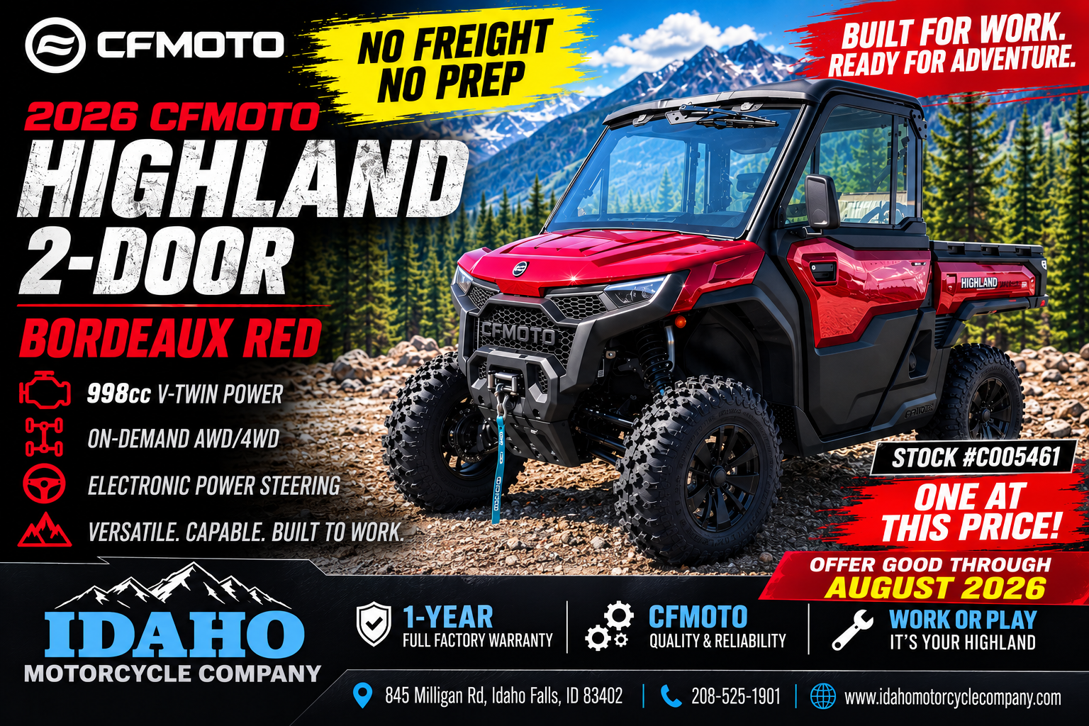  2026 CFMOTO UFORCE U10 Pro Highland  No Freight No Prep Charges through August 2026 on this unit only! 
