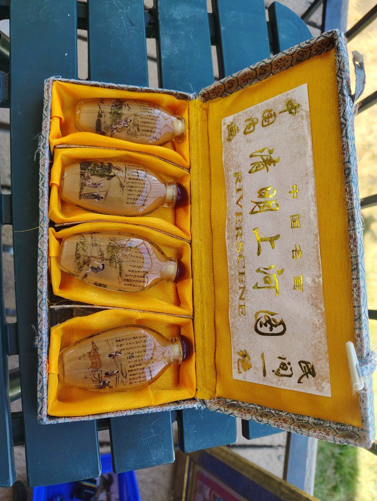 Vintage Chinese Hand Painted Snuff Bottles Riverscene Set of 4 with Brocade Box