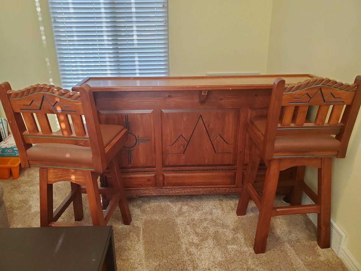 Handcrafted Ponderosa Pine Bar with Copper top and Stools