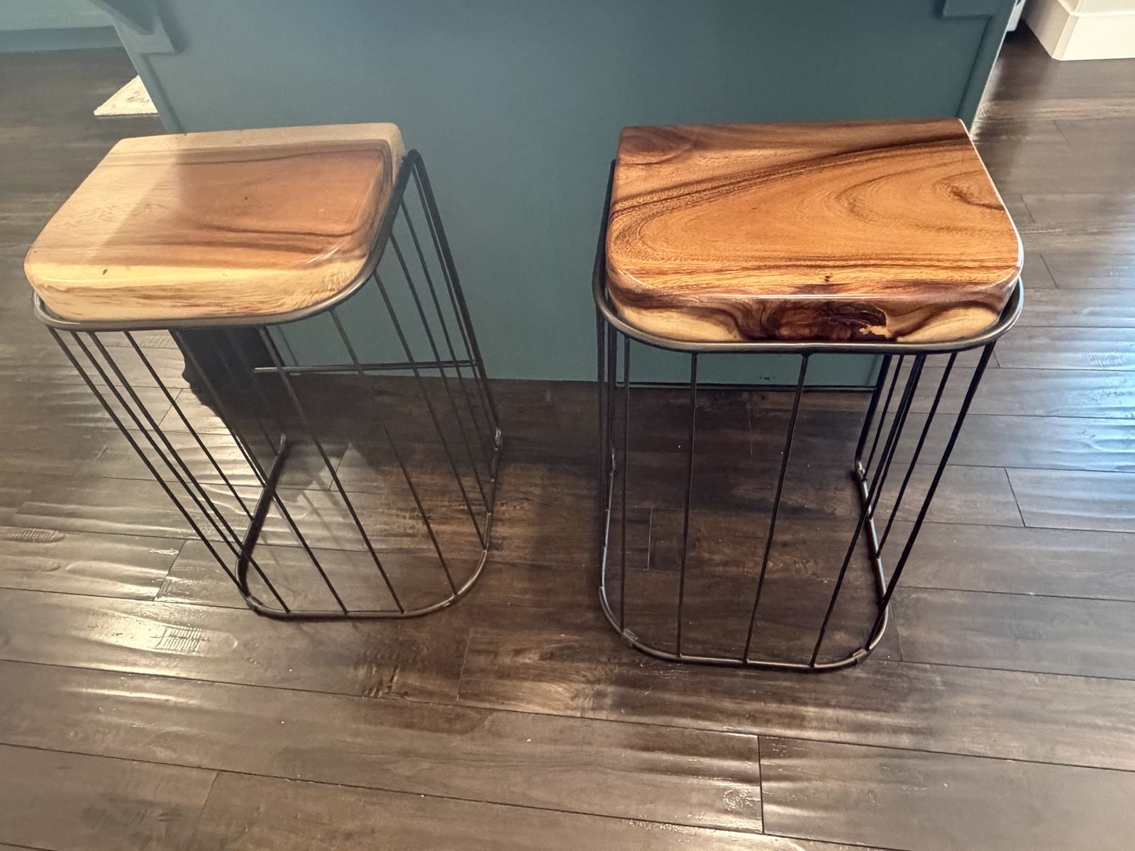 Modern Live Edge Wood and Black Metal Wire Bar Stools Set of 2