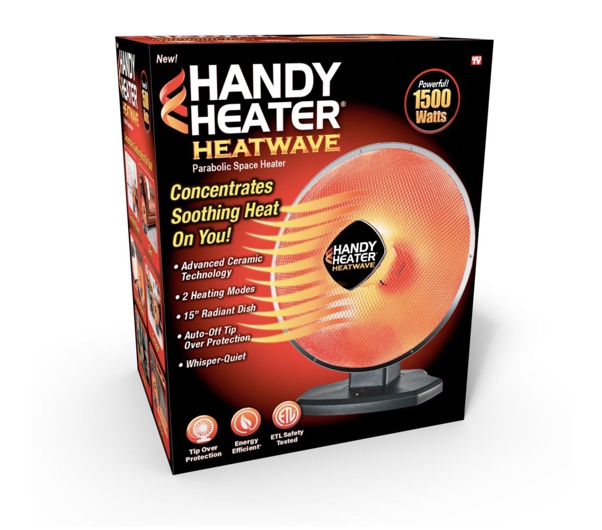 Handy Heater Heatwave Parabolic Space Heater - 1500W Ceramic, 2 Modes, Auto Shut-Off, Tip-Over Protection