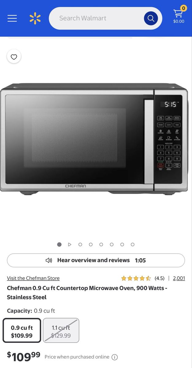 Chefman 0.9 Cu Ft Countertop Microwave Oven, 900 Watts - Stainless Steel brand new still in box