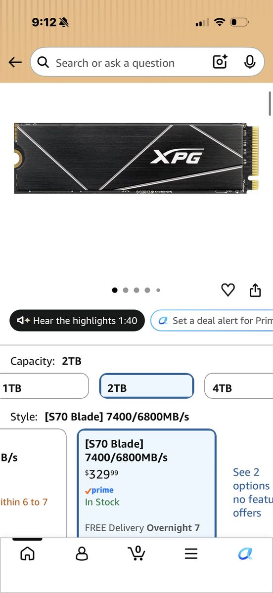 XPG S70 Blade 2TB PCIe Gen4 M.2 2280 NVMe SSD - 7400/6800 MB/s Read/Write Speeds