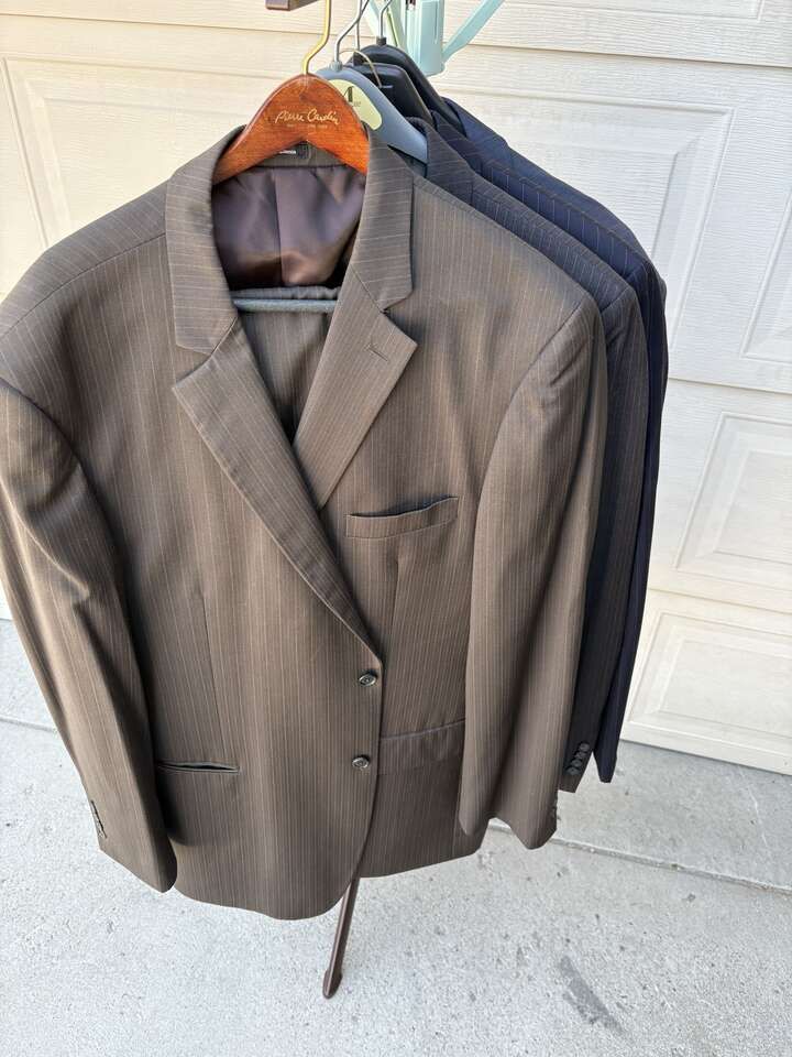 Men's suits size 48L with pants size 45x 32. Pant can be altered. In Draper $80 each cash/venmo